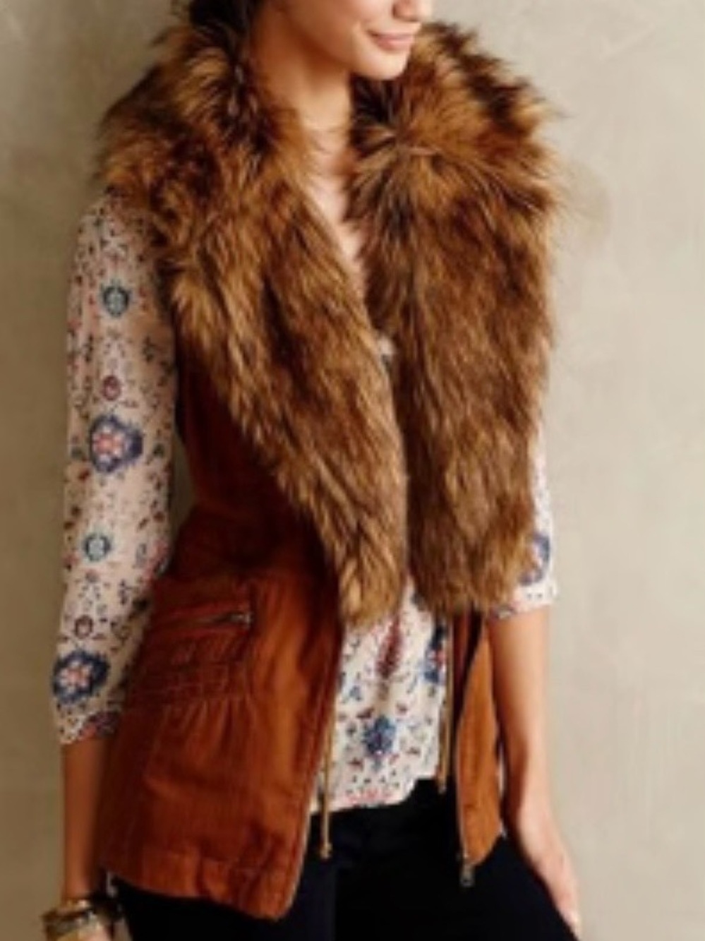 Anthropologie HEI HEI Brown Faux Fur Trim Utility Vest S